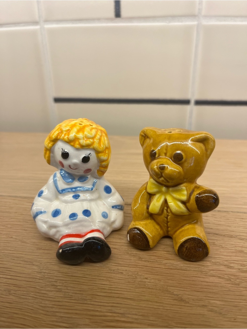 Ceramic Doll & Teddy Toy Salt and Pepper Shakers